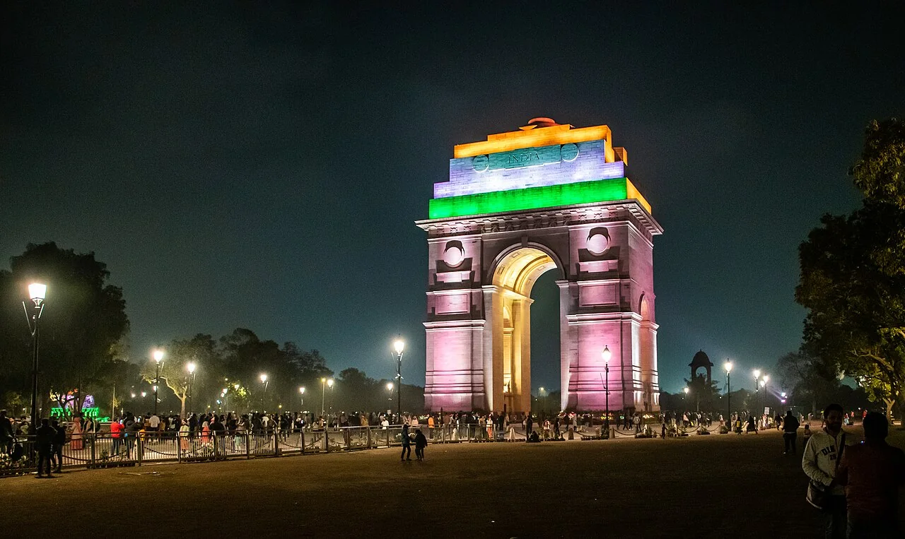 India Gate illuminated at night in New Delhi