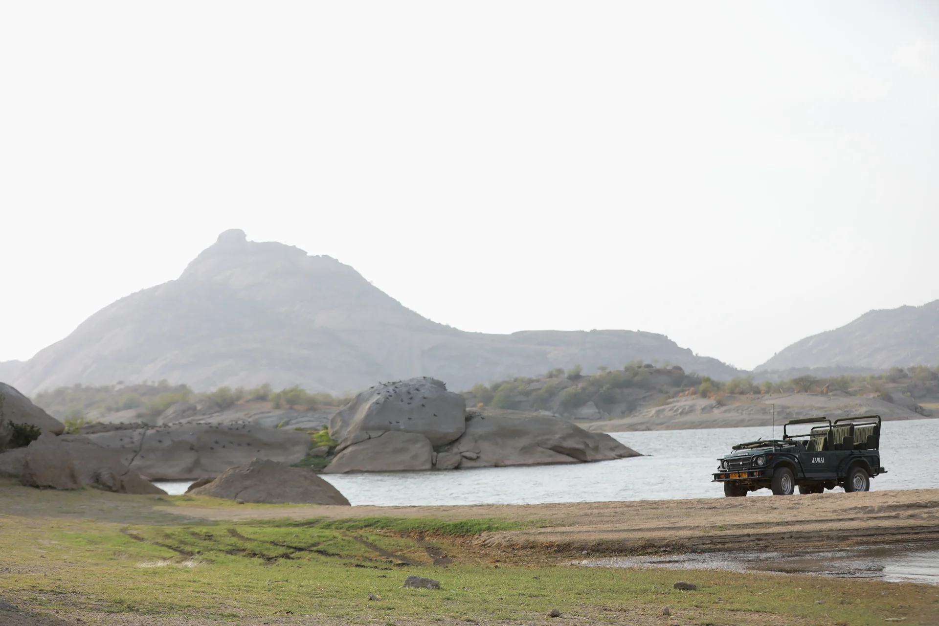 Safari jeep beside Jawai Bandh and the granite hills