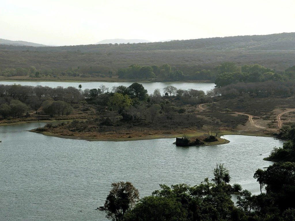 Elevated view of a lake with small islands surrounded by woodland and hills in Ranthambore