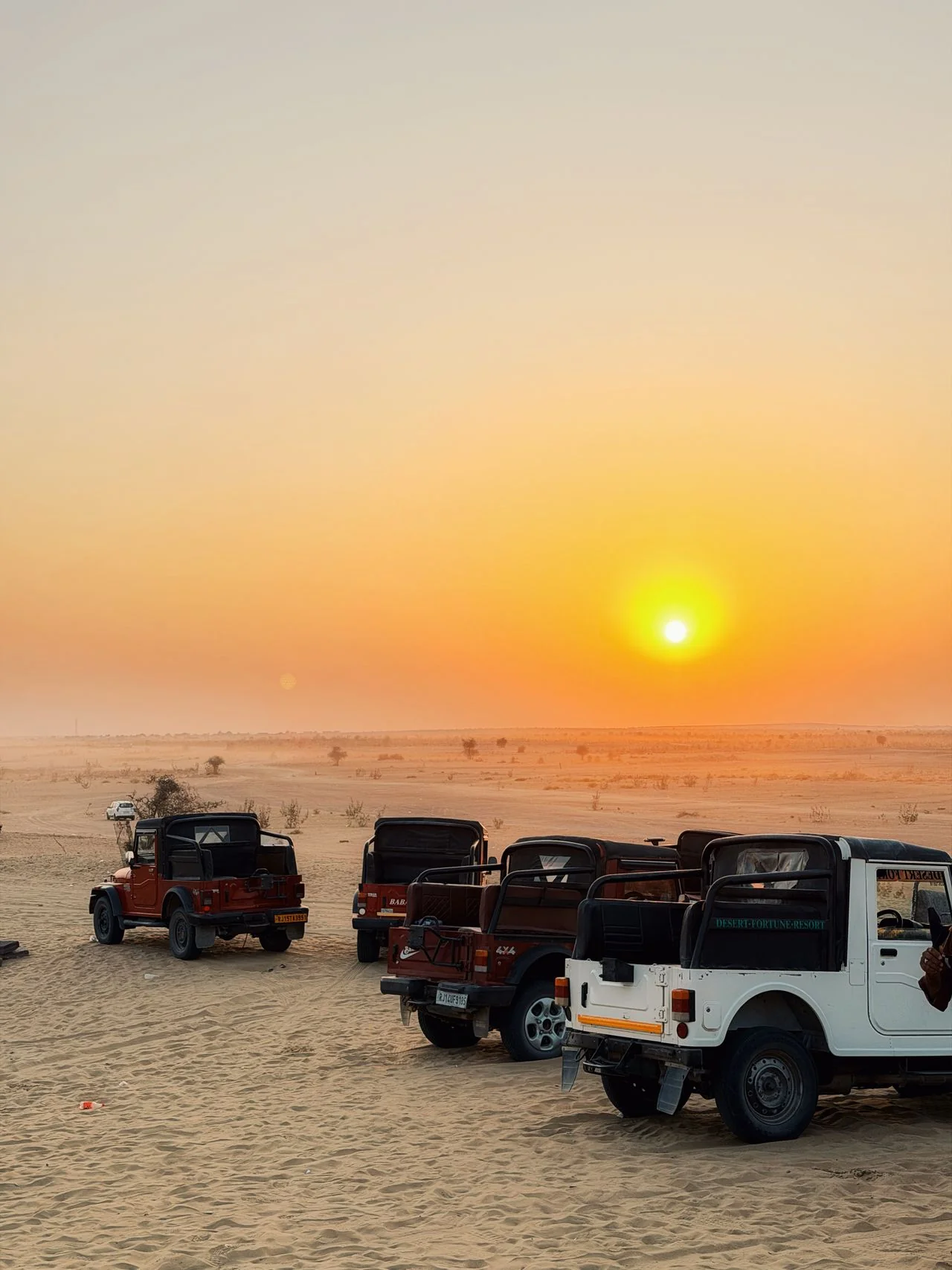 Safari jeeps parked on the sand beneath a golden sunset