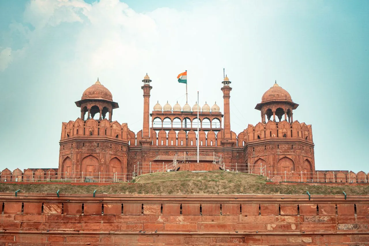 Red Fort ramparts and Indian flag in Old Delhi