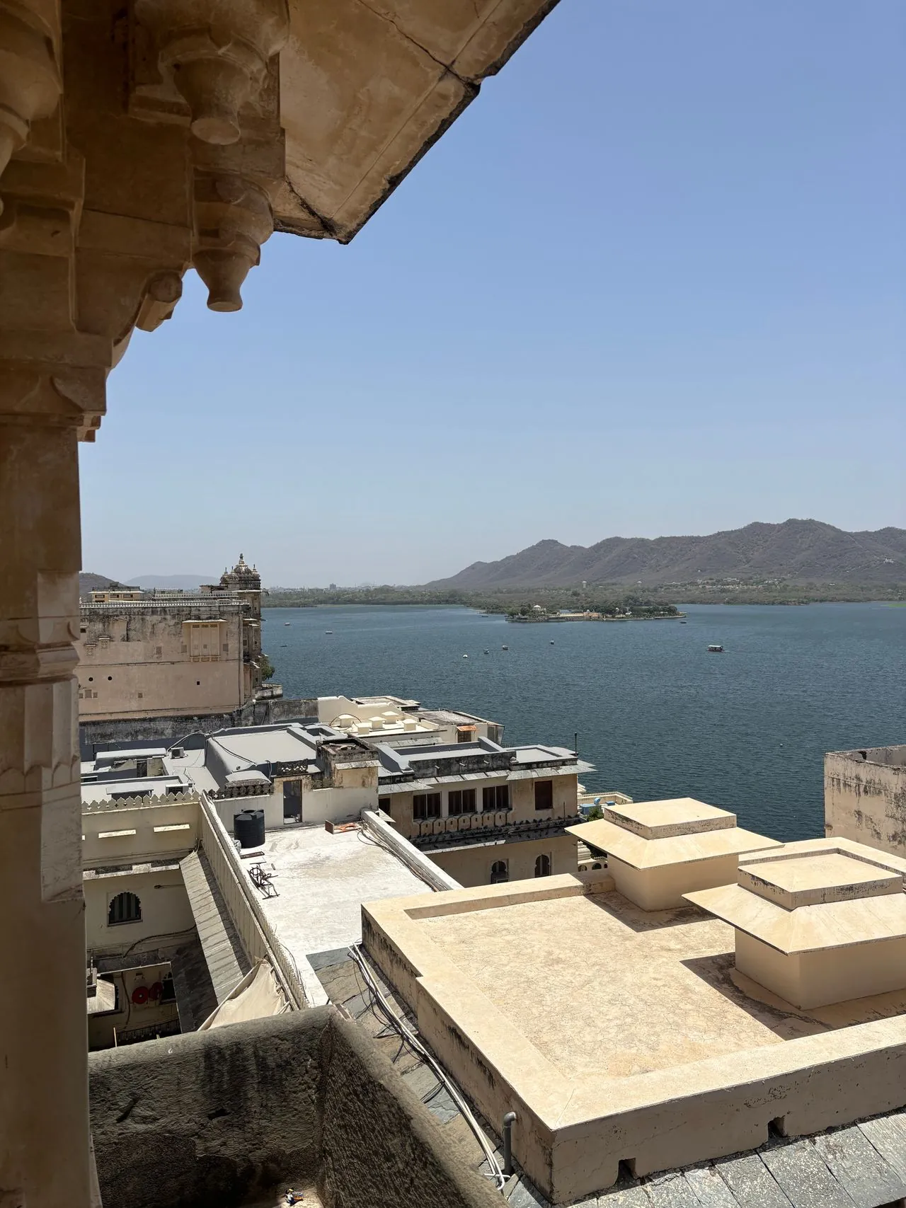 Lake Pichola and distant hills viewed from City Palace in Udaipur