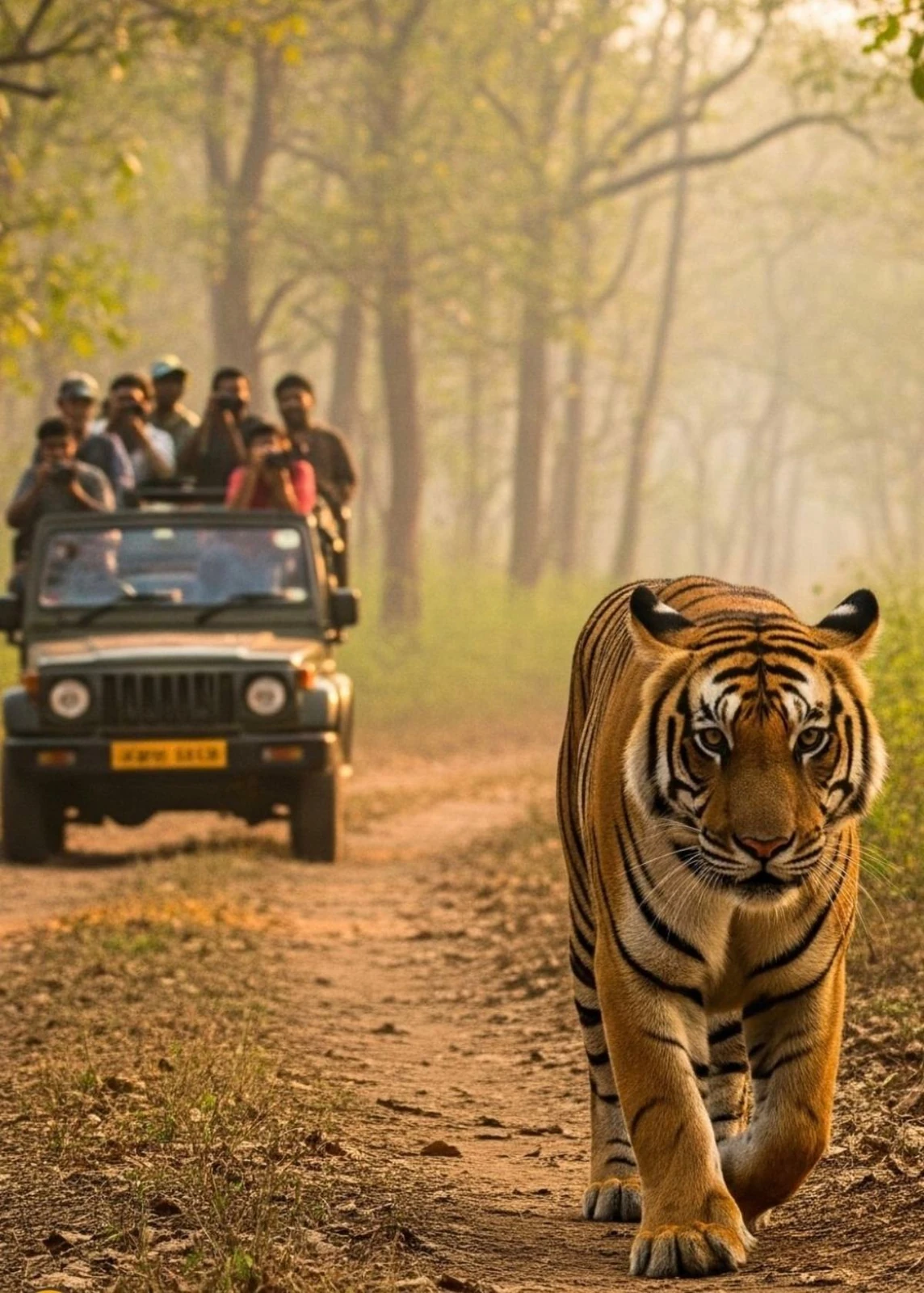 Tiger walking along a sunlit forest track with a safari jeep behind