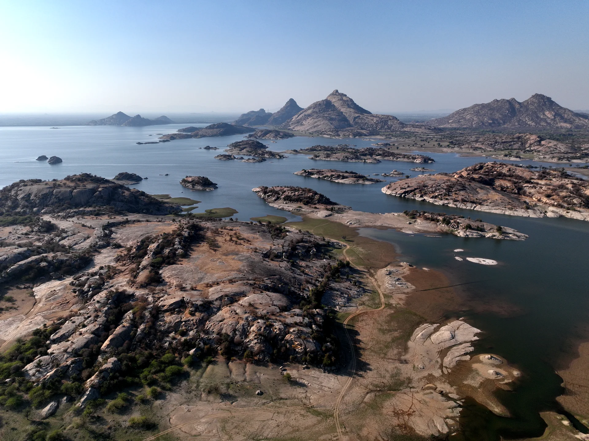 Aerial view of Jawai Bandh, granite hills and wetlands