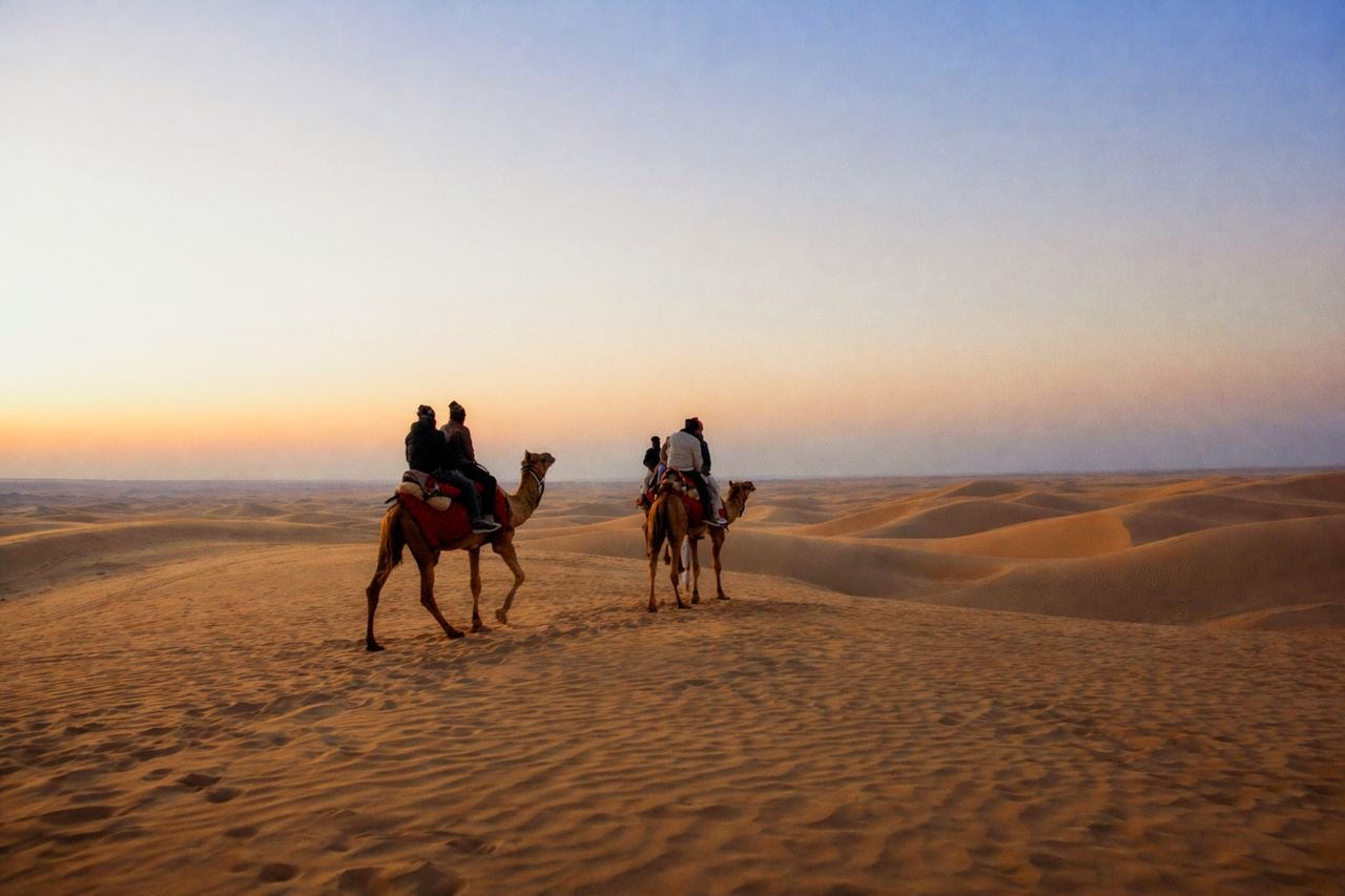 Travellers riding camels across the Thar Desert dunes near Jaisalmer