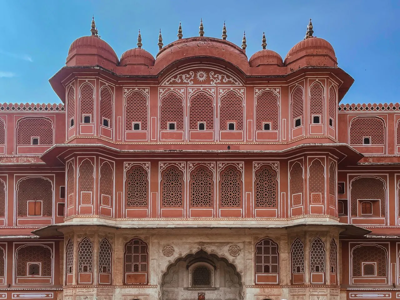 Detailed pink heritage facade in Jaipur City Palace