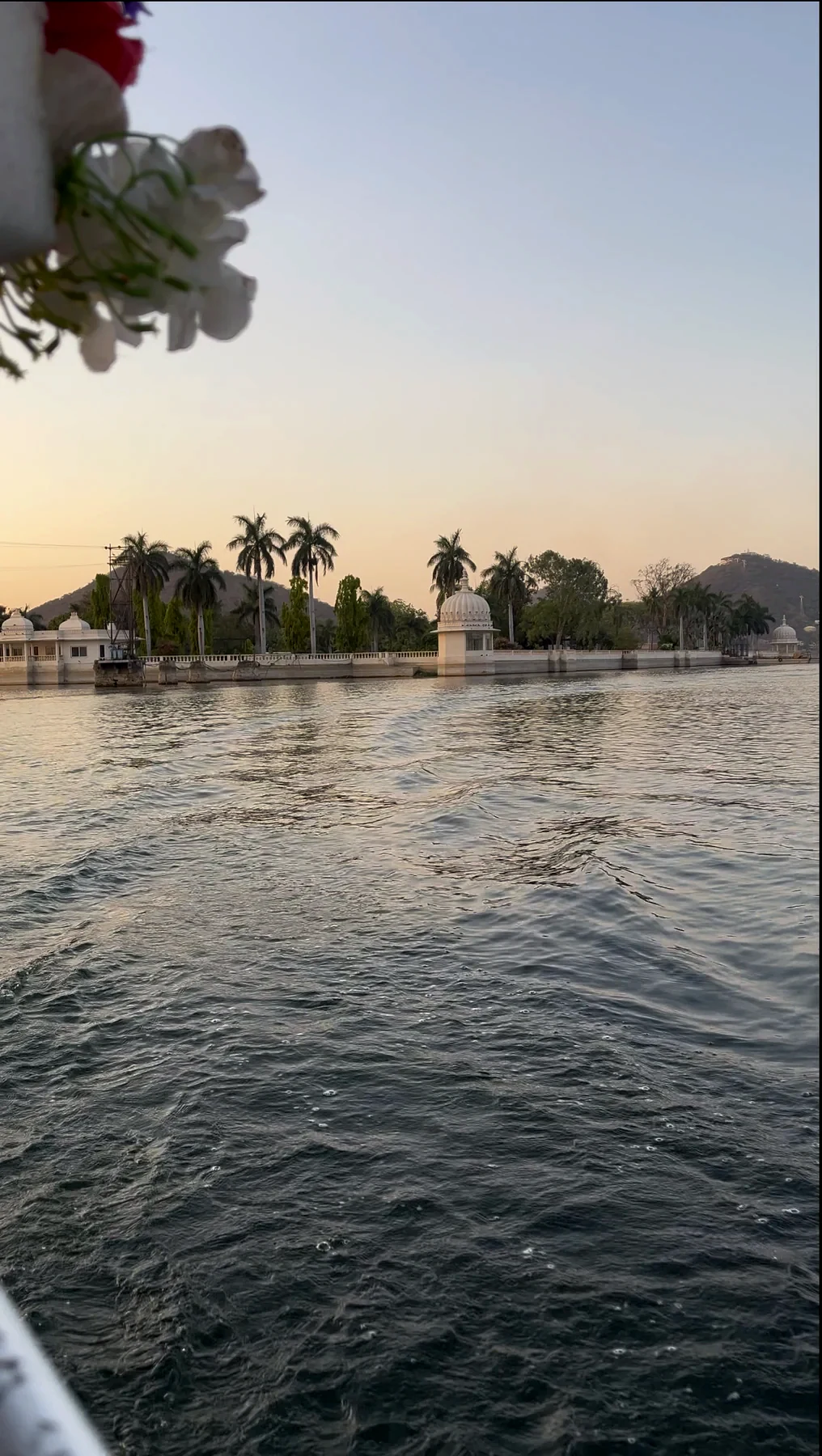 Historic lakeside pavilion and palm trees beside Lake Pichola