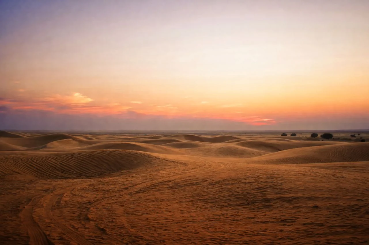 Rolling sand dunes beneath a colourful sunset in Jaisalmer