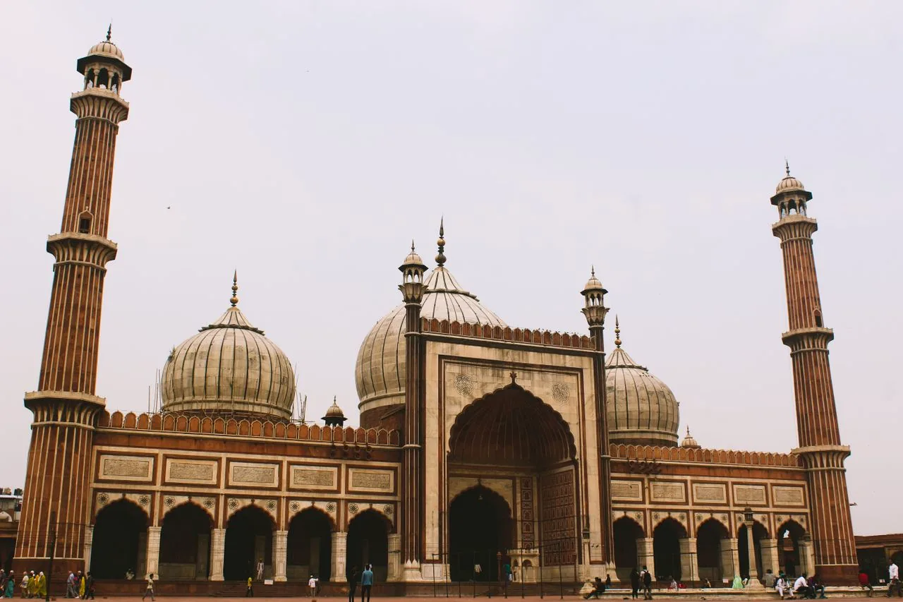 Jama Masjid courtyard facade and minarets in Old Delhi