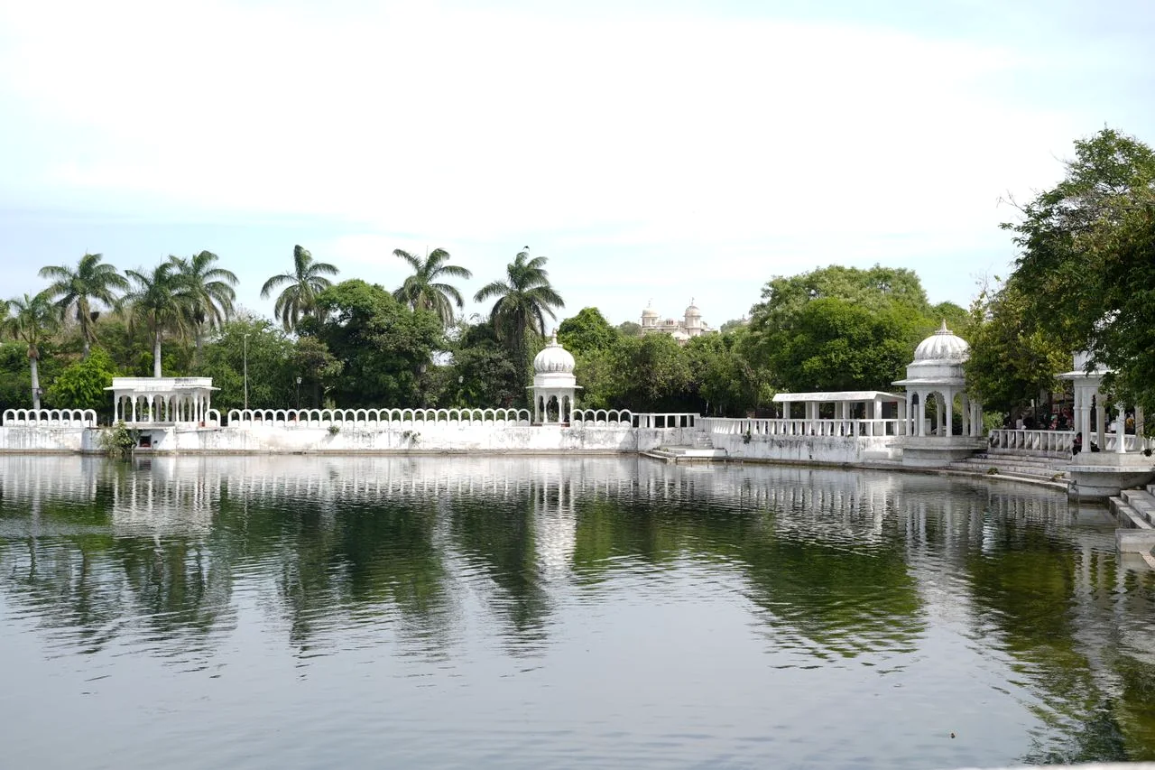 Lotus pool and marble pavilions at Saheliyon Ki Bari