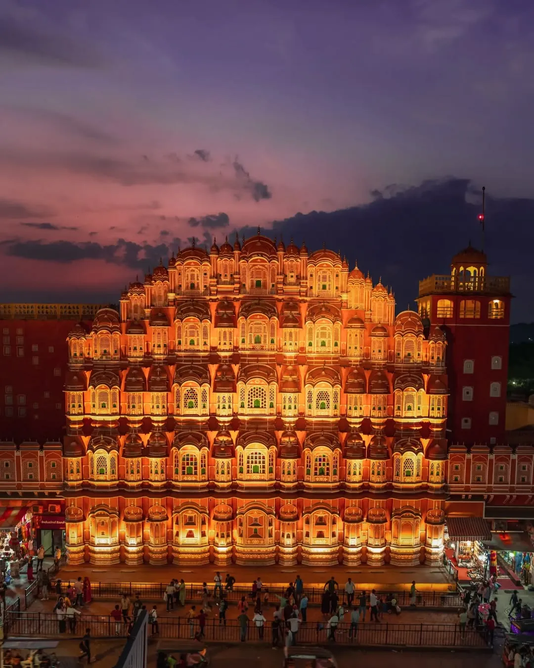 Illuminated Hawa Mahal at dusk in Jaipur