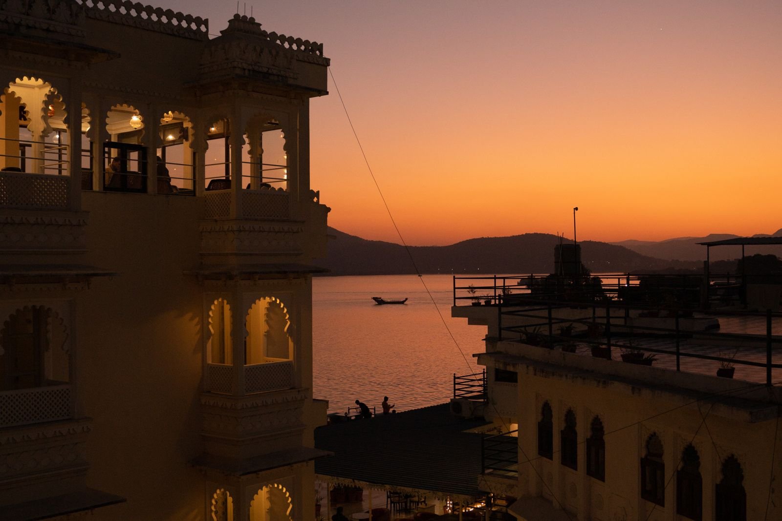 Lake Pichola sunset viewed from a historic Udaipur haveli